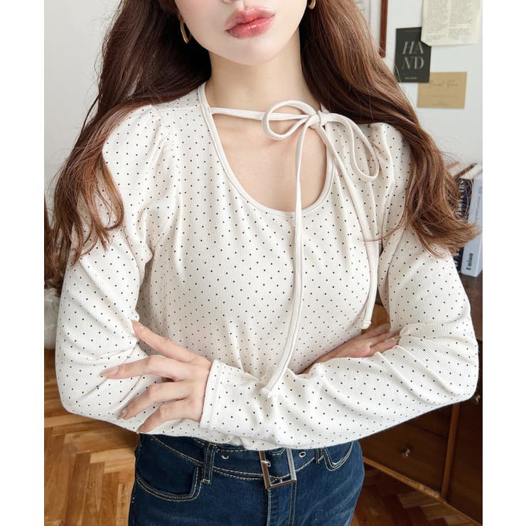 ホワイト系その他 | ドットプリントバレエコアパフスリーブ長袖カットソー | moment+