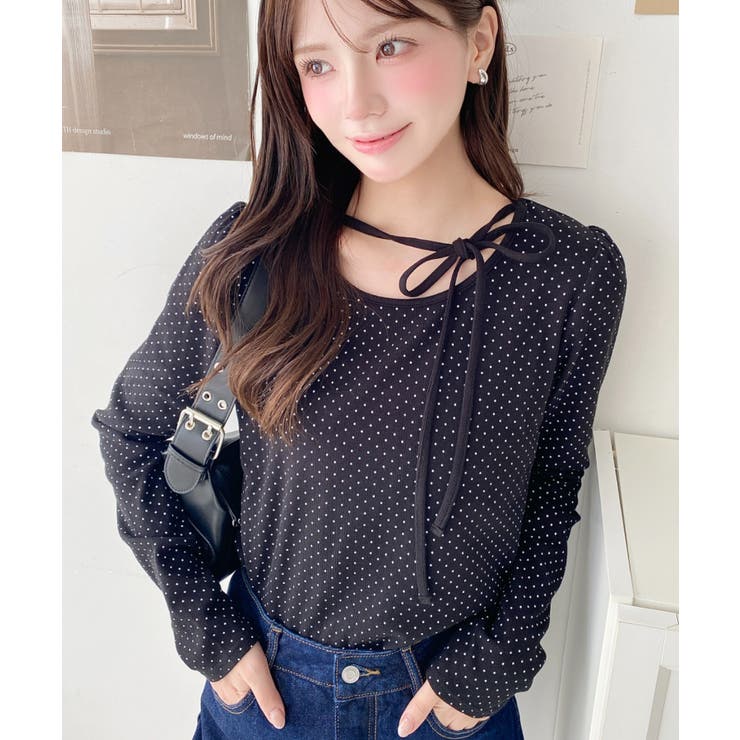 ブラック系その他 | ドットプリントバレエコアパフスリーブ長袖カットソー | moment+