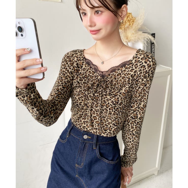 レオパードプリントフロントレースギャザーリボン長袖トップス | moment+ | 詳細画像10 