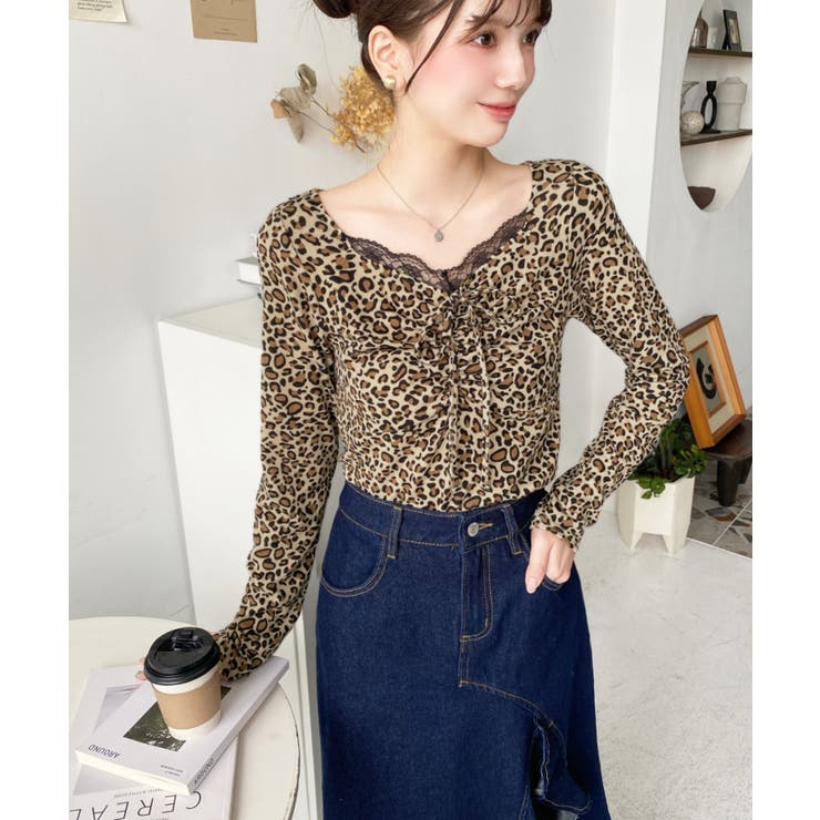 レオパードプリントフロントレースギャザーリボン長袖トップス | moment+ | 詳細画像11 