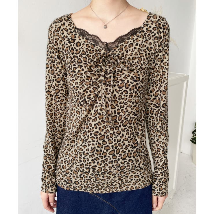 レオパードプリントフロントレースギャザーリボン長袖トップス | moment+ | 詳細画像12 