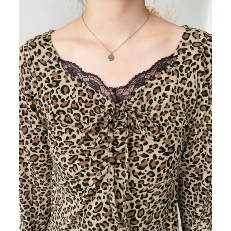 レオパードプリントフロントレースギャザーリボン長袖トップス | moment+ | 詳細画像13 