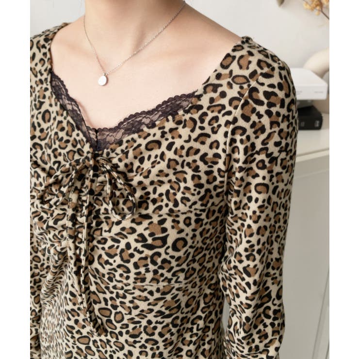 レオパードプリントフロントレースギャザーリボン長袖トップス | moment+ | 詳細画像14 