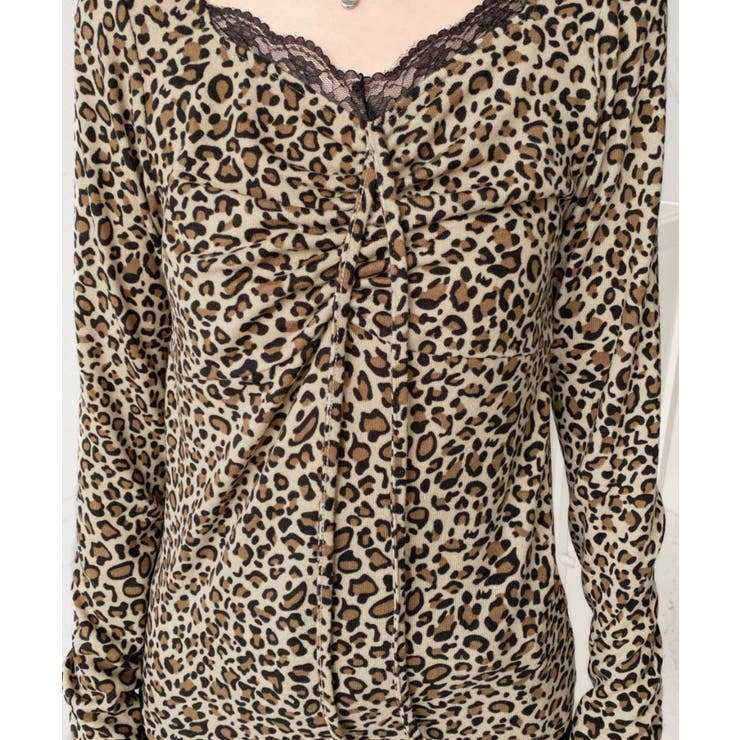 レオパードプリントフロントレースギャザーリボン長袖トップス | moment+ | 詳細画像15 