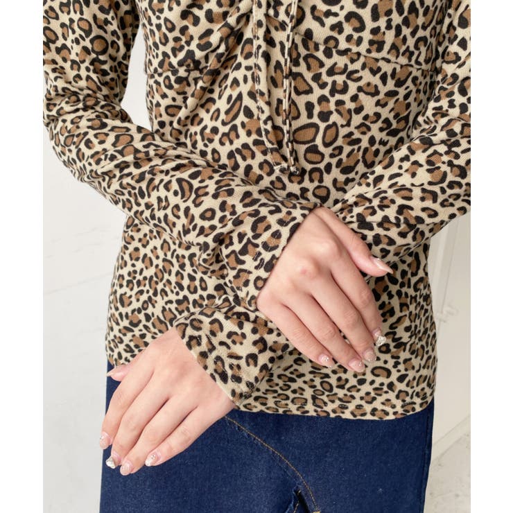 レオパードプリントフロントレースギャザーリボン長袖トップス | moment+ | 詳細画像17 