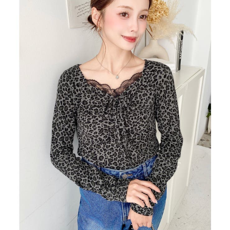 レオパードプリントフロントレースギャザーリボン長袖トップス | moment+ | 詳細画像2 