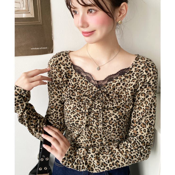 レオパードプリントフロントレースギャザーリボン長袖トップス | moment+ | 詳細画像7 