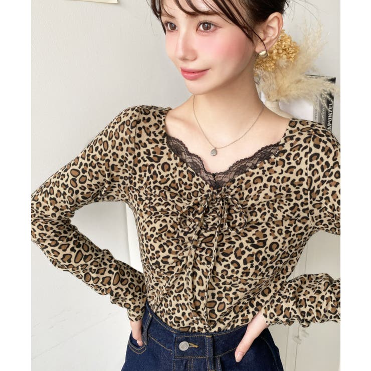 ブラウン | レオパードプリントフロントレースギャザーリボン長袖トップス | moment+