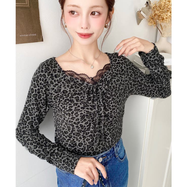 グレー | レオパードプリントフロントレースギャザーリボン長袖トップス | moment+