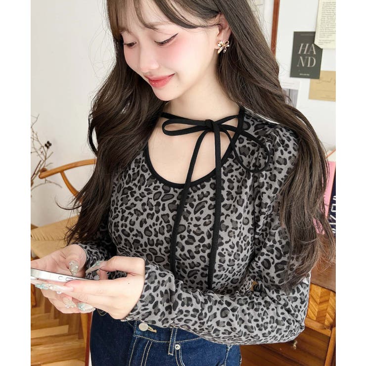 レオパードプリントバレエコアパフスリーブ長袖カットソー | moment+ | 詳細画像2 