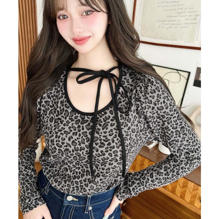 グレー | レオパードプリントバレエコアパフスリーブ長袖カットソー | moment+