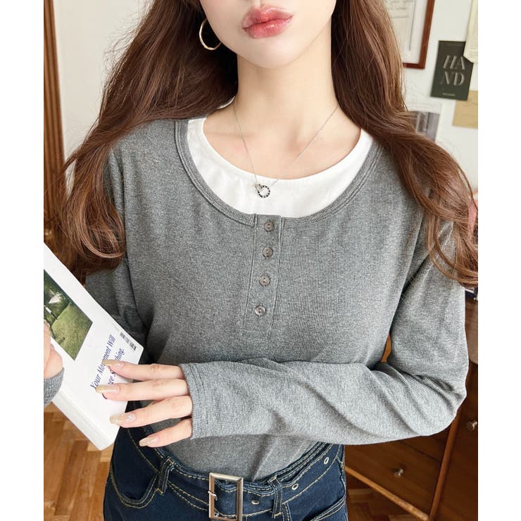 チャコールグレー | レイヤード風ヘンリーロンT | moment+