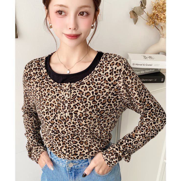 ブラウン | レオパードプリントレイヤード風ヘンリーロンT | moment+