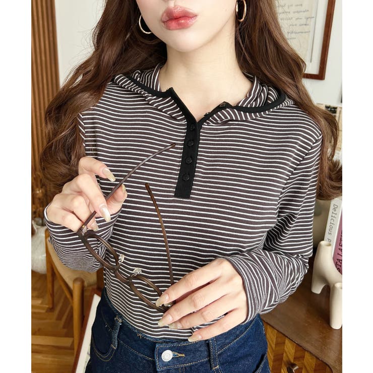 チャコールグレー | ヘンリーネックボーダーフーディー | moment+