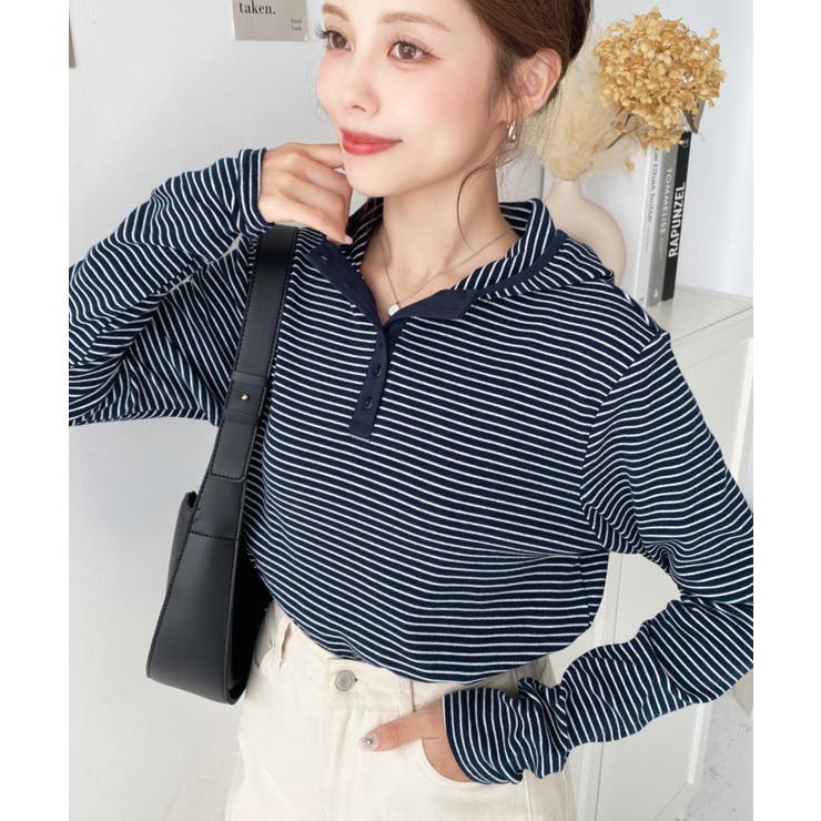 ネイビー | ヘンリーネックボーダーフーディー | moment+