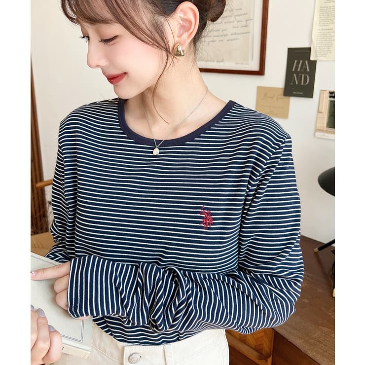 ネイビー | U.S.POLO ASSNワンポイント刺繍袖くしゅくしゅボーダーロンT | moment+