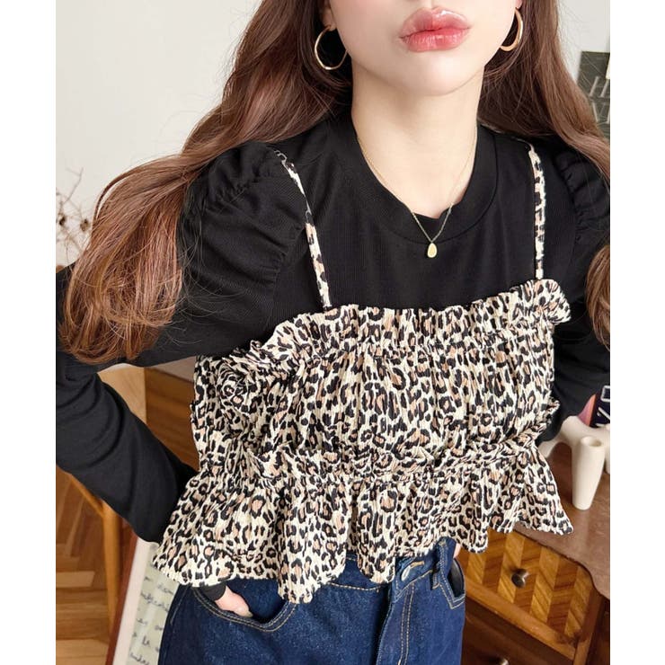 ブラック | レオパード柄ビスチェセット長袖リブカットソートップス | moment+