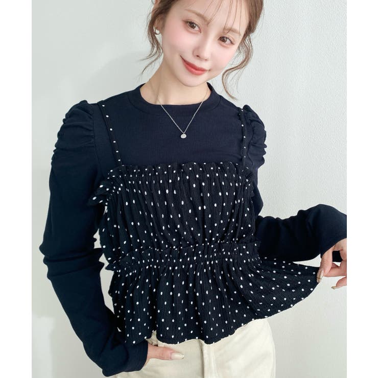 ドットプリントビスチェセット長袖ショルダーギャザーリブカットソー