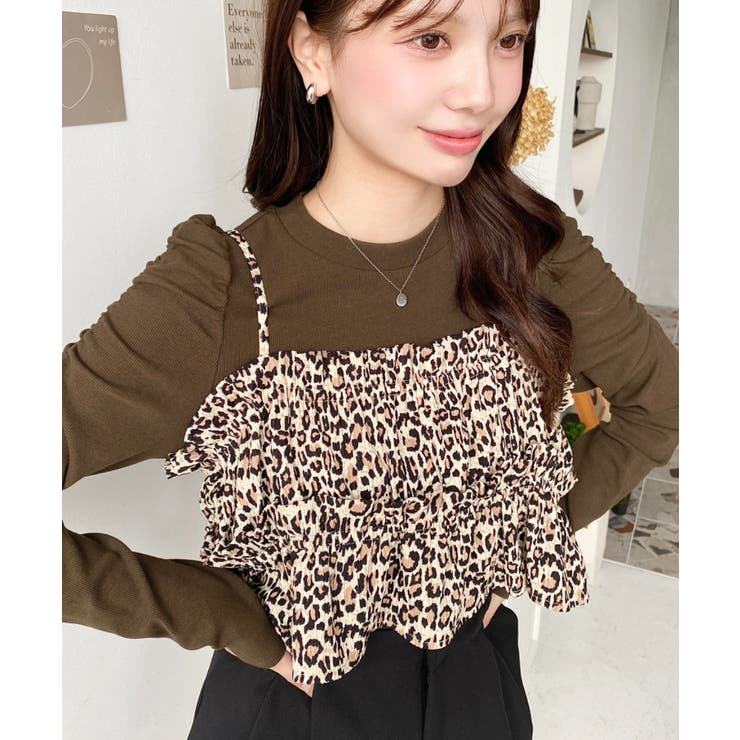 ブラウン | レオパード柄ビスチェセット長袖リブカットソートップス | moment+