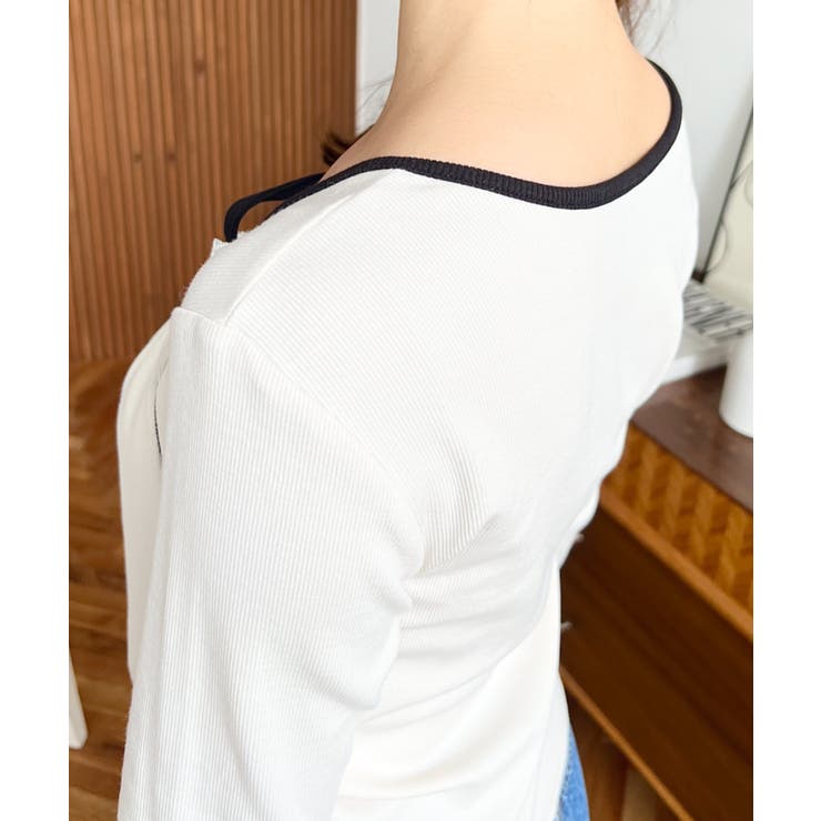 レイヤードデザインデコルテリボン長袖リブカットソートップス[品番