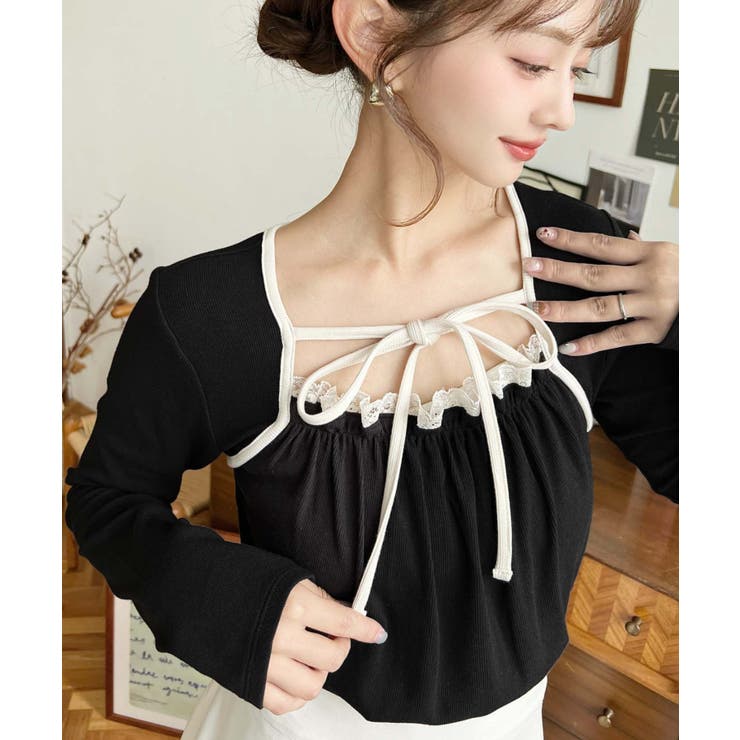 レイヤードデザインデコルテリボン長袖リブカットソートップス | moment+ | 詳細画像12 