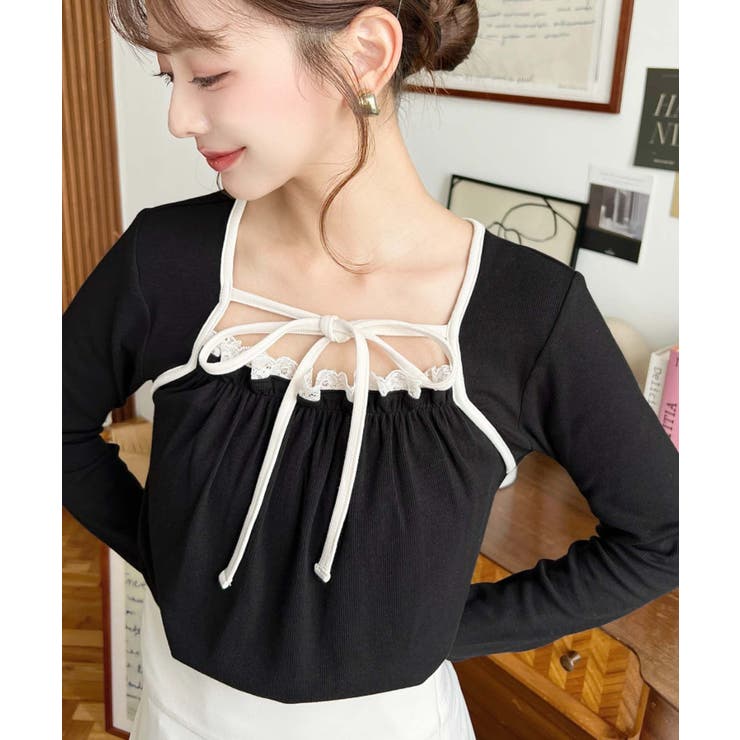 レイヤードデザインデコルテリボン長袖リブカットソートップス | moment+ | 詳細画像13 