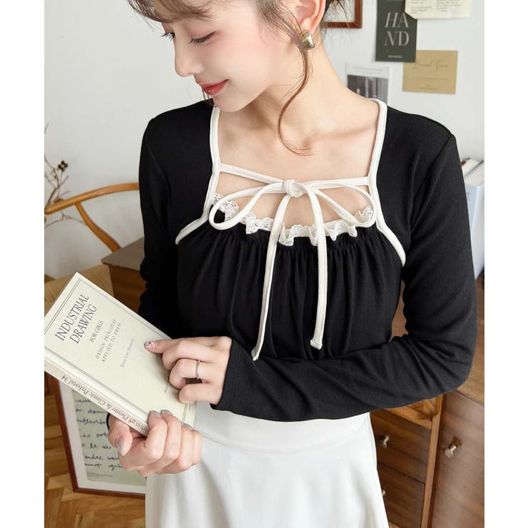 レイヤードデザインデコルテリボン長袖リブカットソートップス | moment+ | 詳細画像14 