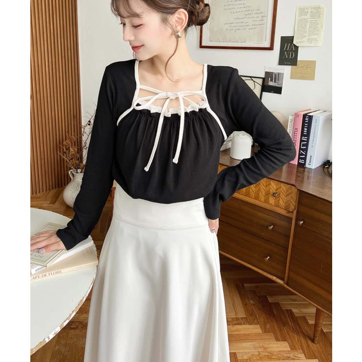 レイヤードデザインデコルテリボン長袖リブカットソートップス | moment+ | 詳細画像15 