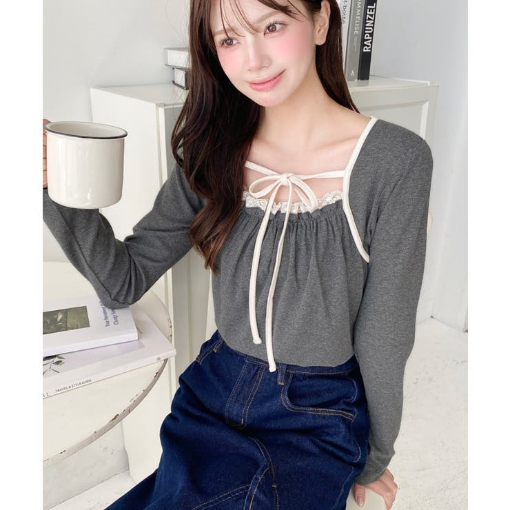 レイヤードデザインデコルテリボン長袖リブカットソートップス | moment+ | 詳細画像16 