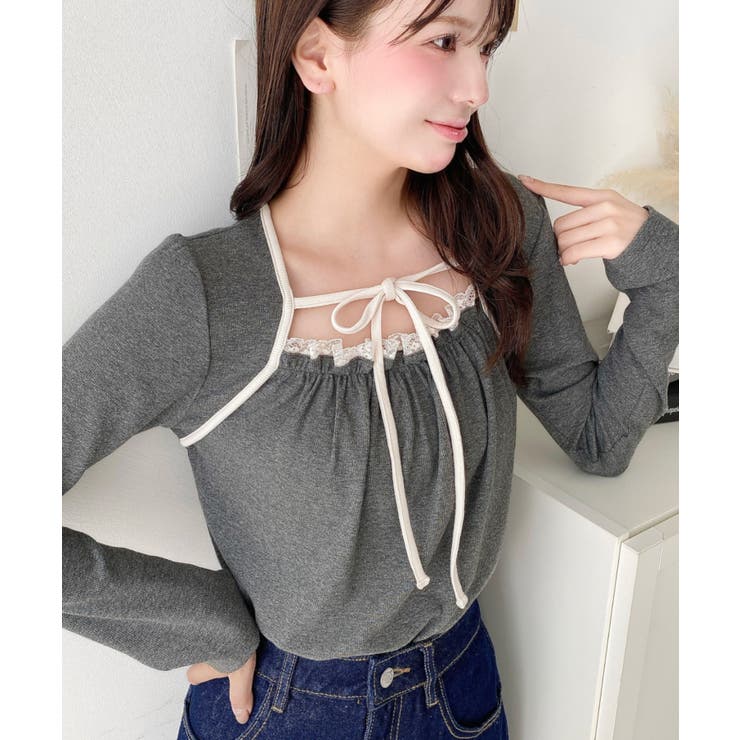 レイヤードデザインデコルテリボン長袖リブカットソートップス | moment+ | 詳細画像17 