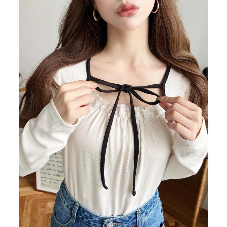 レイヤードデザインデコルテリボン長袖リブカットソートップス | moment+ | 詳細画像2 