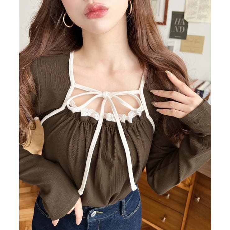 レイヤードデザインデコルテリボン長袖リブカットソートップス[品番