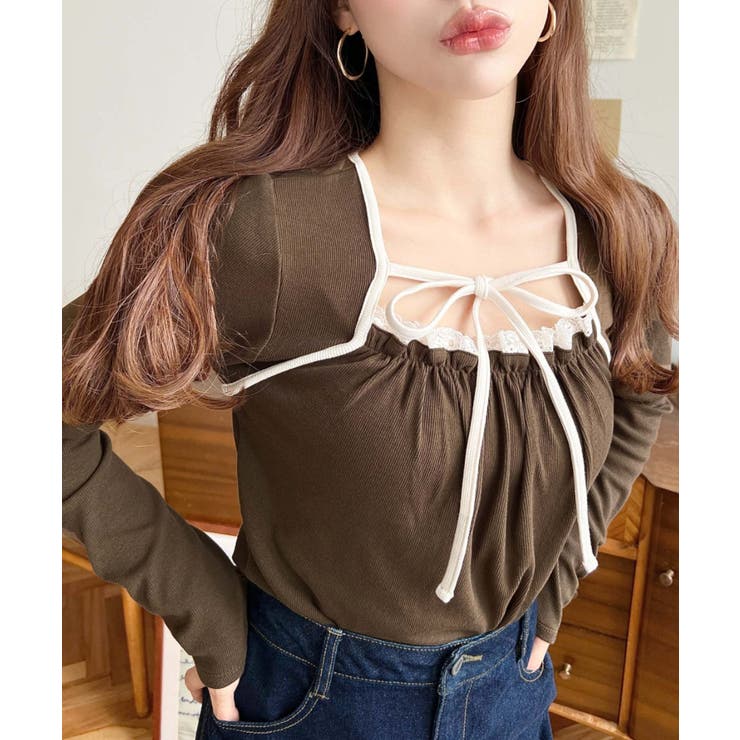 レイヤードデザインデコルテリボン長袖リブカットソートップス | moment+ | 詳細画像23 