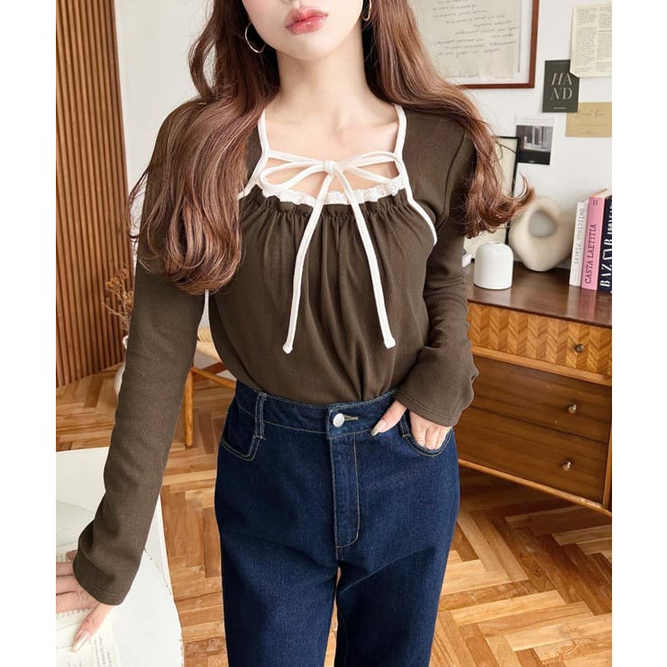 レイヤードデザインデコルテリボン長袖リブカットソートップス | moment+ | 詳細画像24 