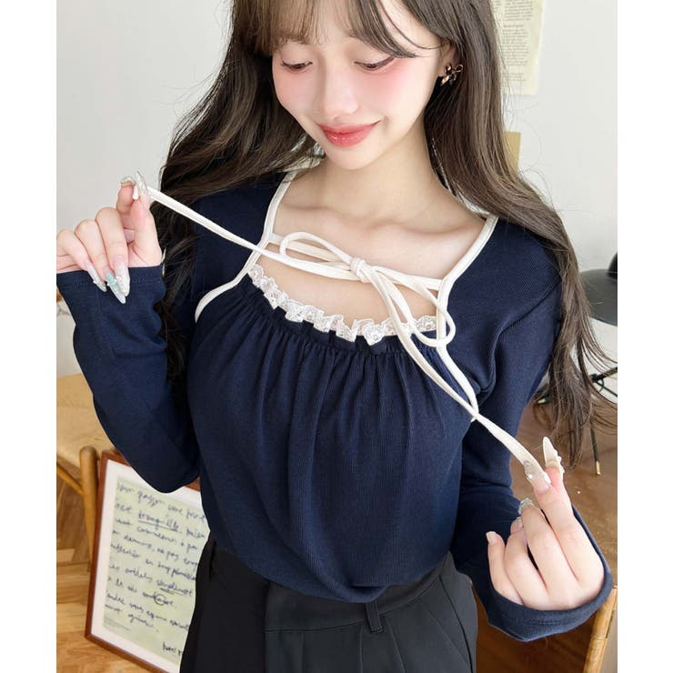 レイヤードデザインデコルテリボン長袖リブカットソートップス | moment+ | 詳細画像25 