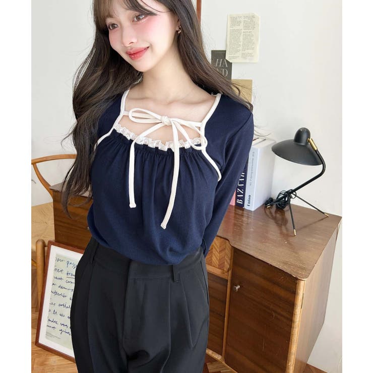 レイヤードデザインデコルテリボン長袖リブカットソートップス[品番