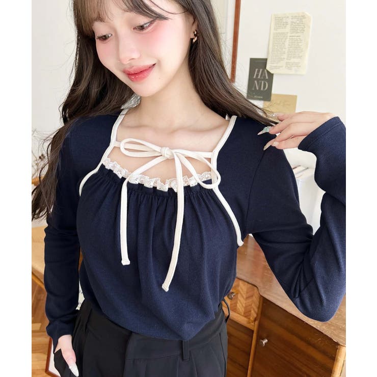 レイヤードデザインデコルテリボン長袖リブカットソートップス | moment+ | 詳細画像28 