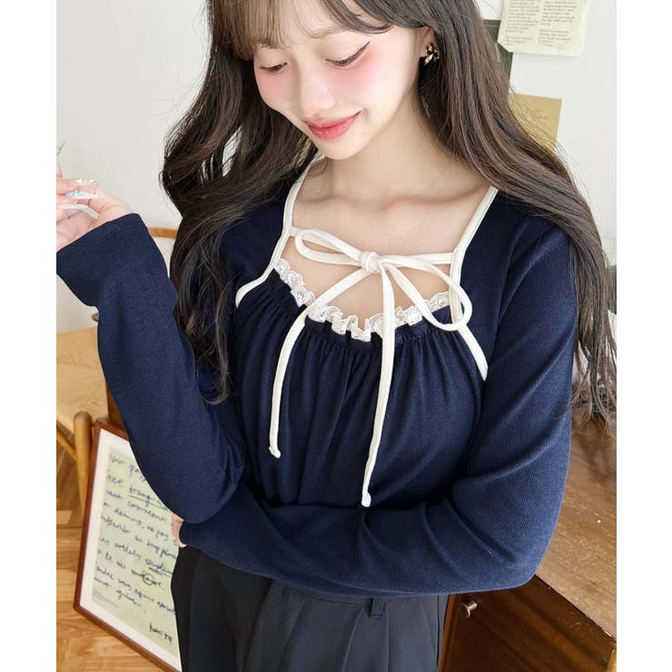 レイヤードデザインデコルテリボン長袖リブカットソートップス | moment+ | 詳細画像29 