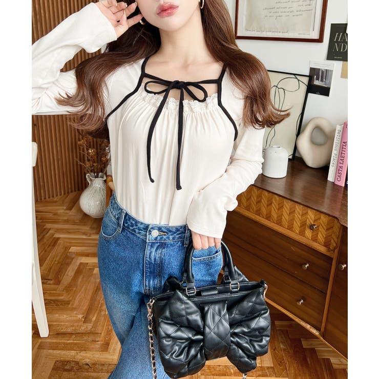 レイヤードデザインデコルテリボン長袖リブカットソートップス | moment+ | 詳細画像5 