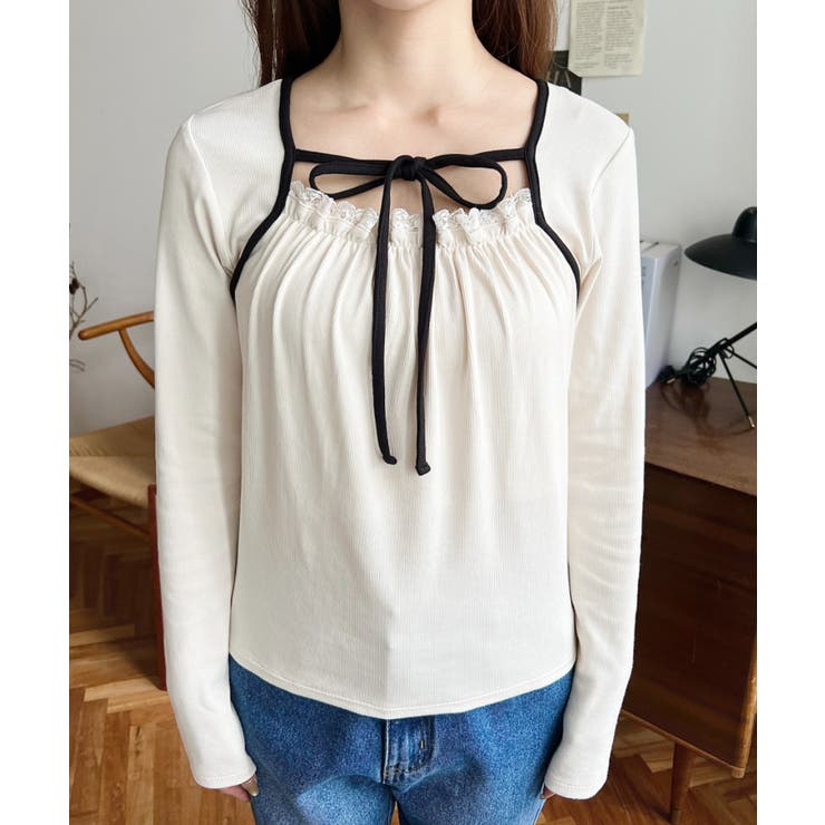 レイヤードデザインデコルテリボン長袖リブカットソートップス | moment+ | 詳細画像7 