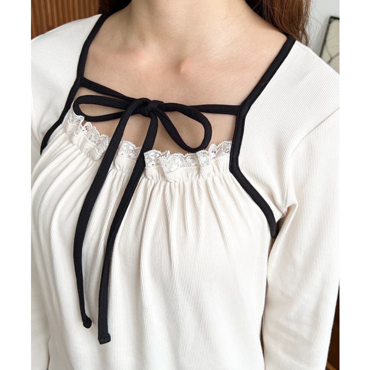 レイヤードデザインデコルテリボン長袖リブカットソートップス | moment+ | 詳細画像8 