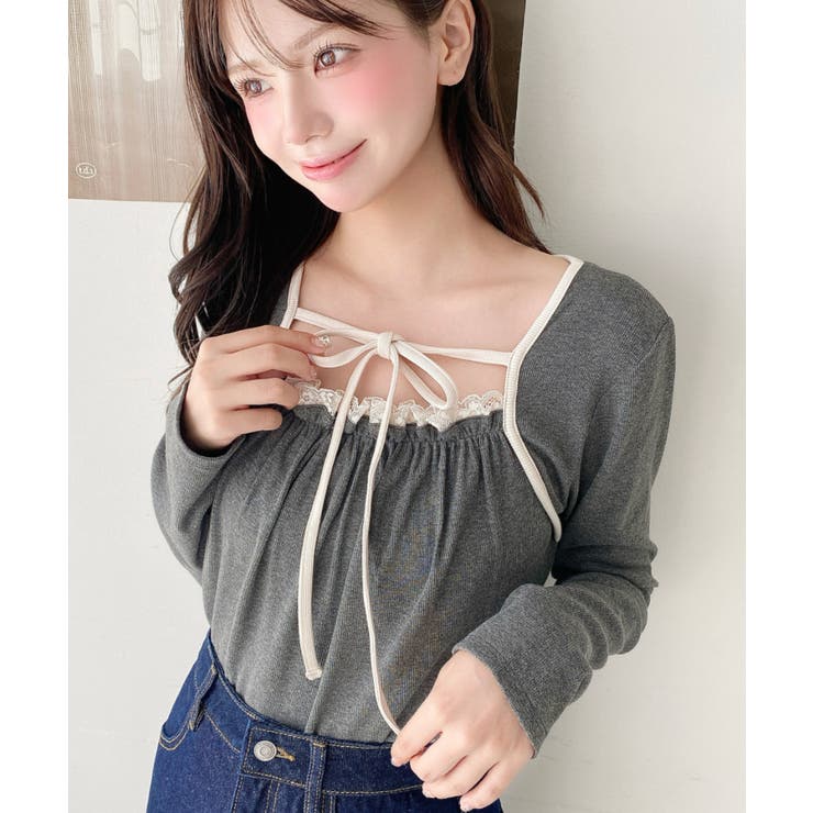 レイヤードデザインデコルテリボン長袖リブカットソートップス[品番