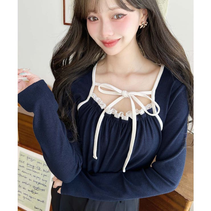 レイヤードデザインデコルテリボン長袖リブカットソートップス[品番