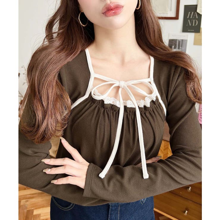 レイヤードデザインデコルテリボン長袖リブカットソートップス[品番