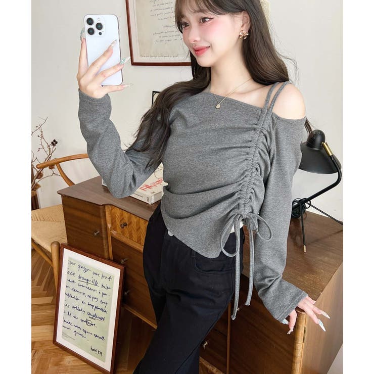 ワンショルドロストリボン長袖リブカットソートップス | moment+ | 詳細画像17 