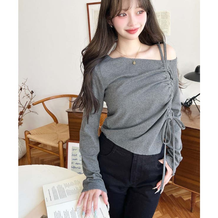 ワンショルドロストリボン長袖リブカットソートップス | moment+ | 詳細画像18 