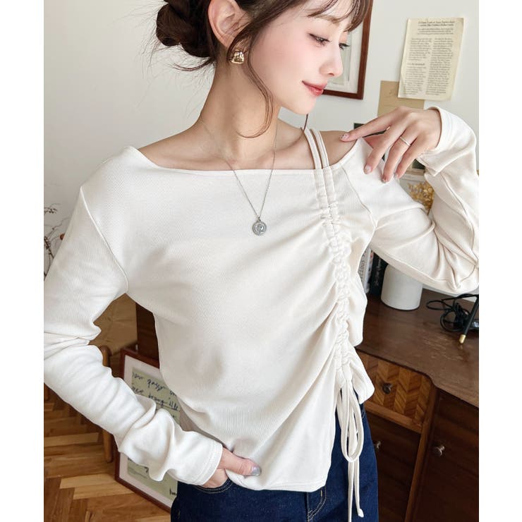 ワンショルドロストリボン長袖リブカットソートップス | moment+ | 詳細画像2 