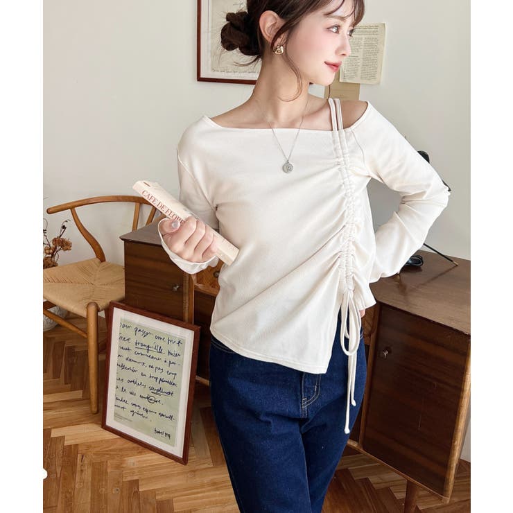 ワンショルドロストリボン長袖リブカットソートップス | moment+ | 詳細画像3 