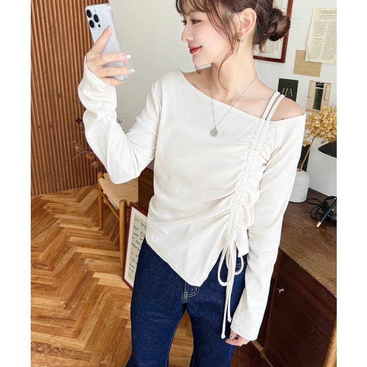 ワンショルドロストリボン長袖リブカットソートップス | moment+ | 詳細画像5 