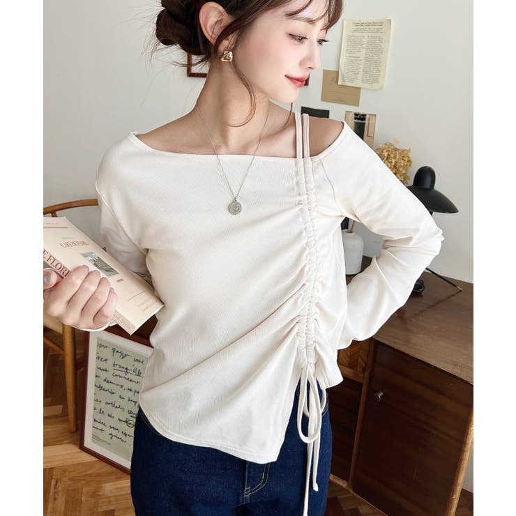 ワンショルドロストリボン長袖リブカットソートップス | moment+ | 詳細画像6 